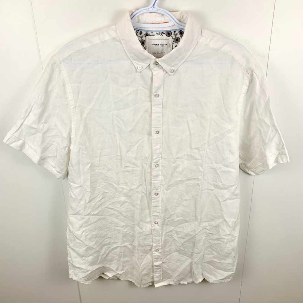 Denim & Flower Pure Linen White Short Sleeve Button Front Camp Shirt Men's L